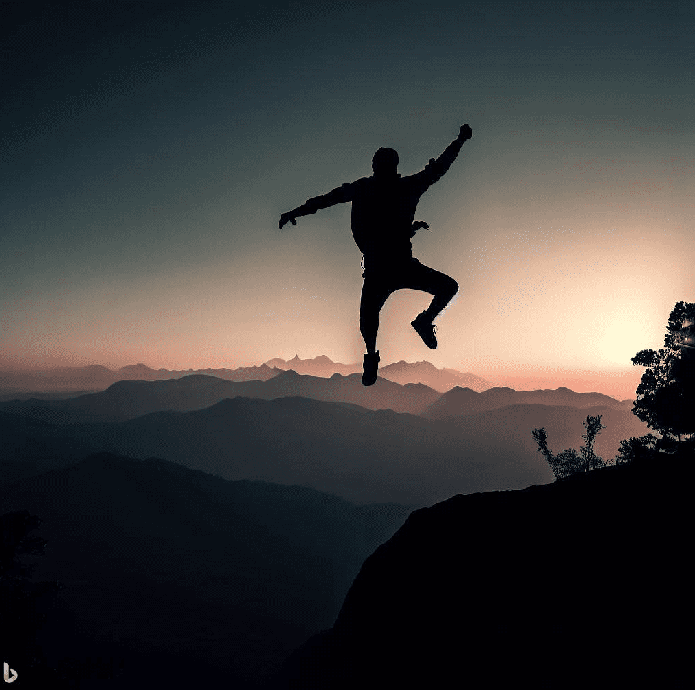 Man jumping to success mountain