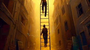Man climbing ladder to success
